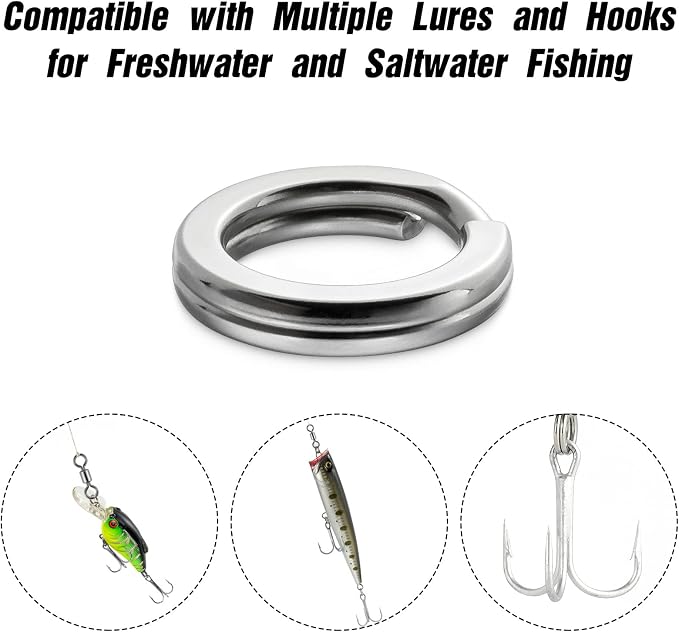 Alwonder 100-Pack Fishing Split Rings Stainless Steel Lure Rings, 9-400LB Hyper Wire Fishing Ring Heavy Duty Flattened Freshwater Saltwater Terminal Tackles Lure Solid Snap Ring Connectors