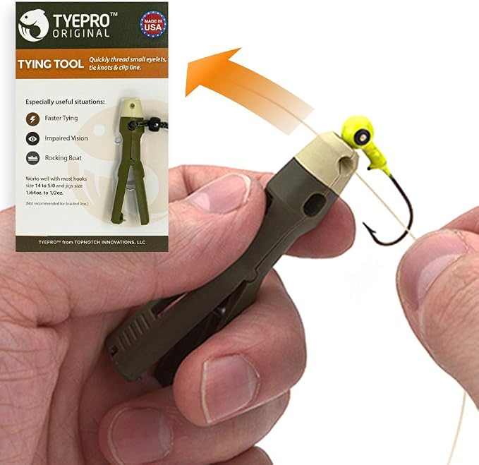 Fishing Knot Tying Tool/Jig Head and Hook Eyelet Grip/Line Threader/Clipper for Shaky Hands and Poor Eyesight. Tackle Box Accessory.