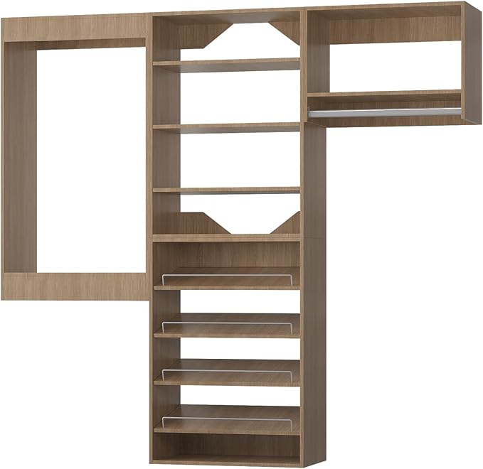 ROOMTEC Modular Closet System, 84" Wall Mounted Modern Closet Organizer with Hanging Rods and Shoe Shelf, Wooden Tower for Walk-In Closets, Wardrobe Storage Kit, Wood
