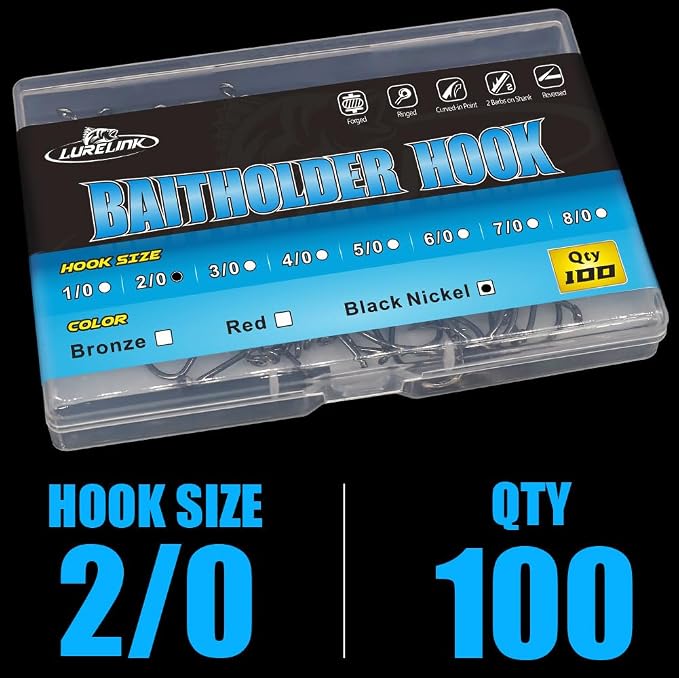 Baitholder Fishing Hooks 100 Pack - Double-Barbed Long Shank for Bluegill Bass Trout Walleye Black/Red, 8/0-#8