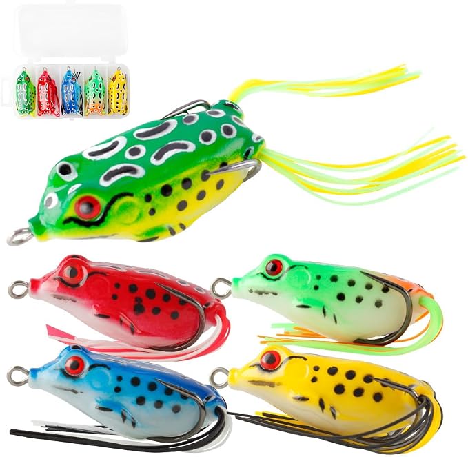Topwater Frog Lures for Bass Fishing, 5 Pack Soft Hollow Body Weedless Frog Bait, Realistic Swimming Action, High Hookup, Crankbait for Freshwater Fishing, Includes Tackle Box