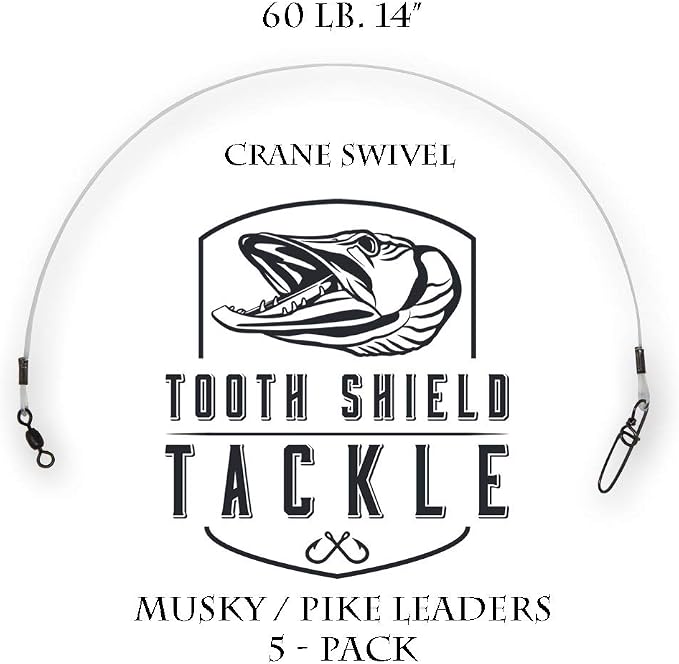 5 Pack 60 lb. Premium Fluorocarbon Tooth Shield Tackle Musky Leader Muskie Pike Leader (Crane Swivel)
