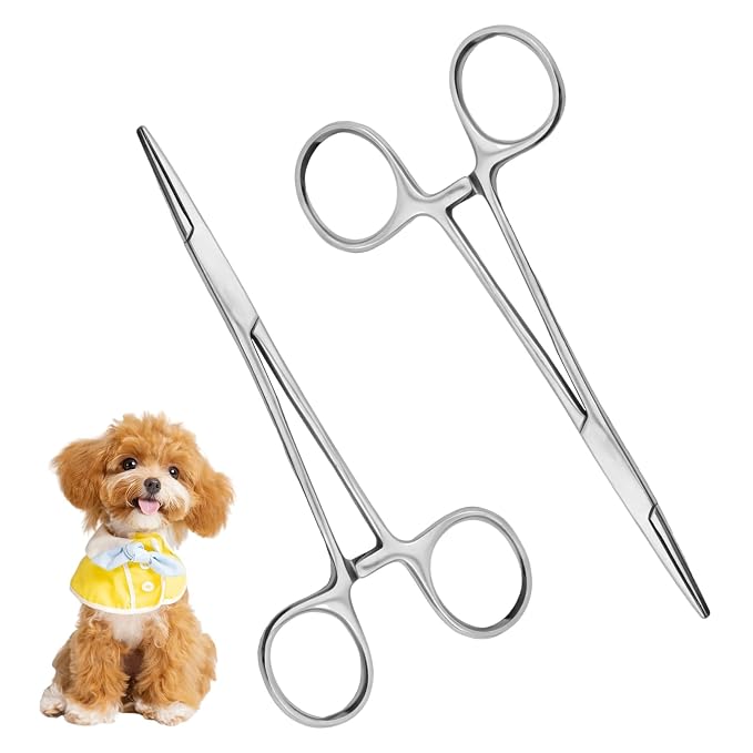 Ainiv 2 Piece Hemostat Straight Stainless Steel Self-Locking Fishing Forceps Piercing Remover Tool Piercing Grabber Tool for Nurses Pet Grooming Care Fishing DIY Crafting(5")