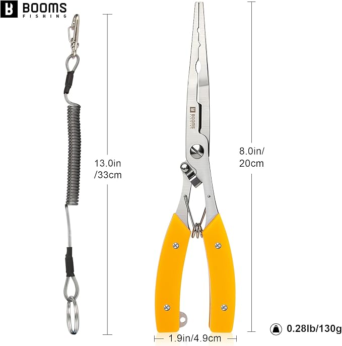 Booms Fishing Pliers Hook Remover: 8" Long Nose Fish Pliers Stainless Steel for Saltwater - Braid Line Cutters with Coiled Lanyard and Safety Lock Design, Multi-Function Fishing Tool for Men, H06
