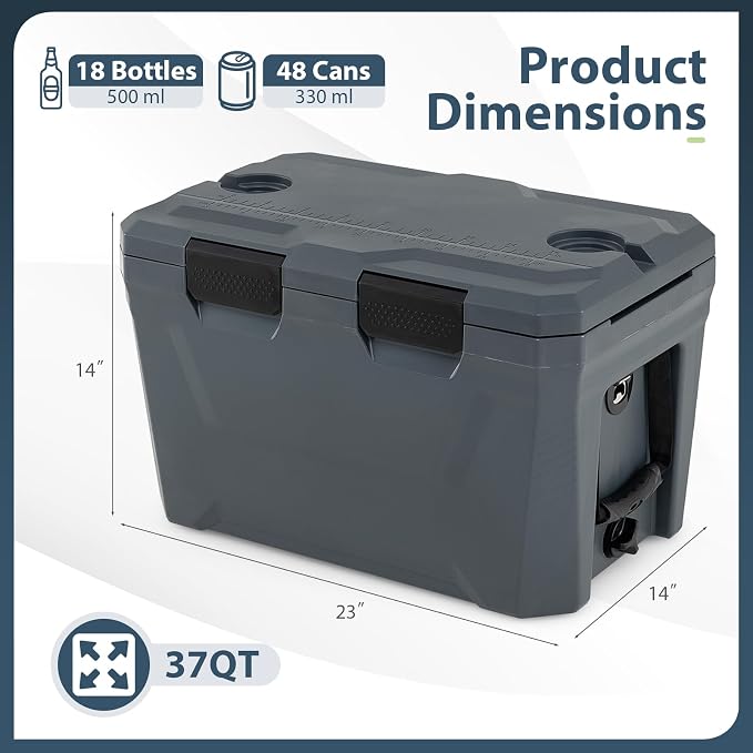 KOTEK 21qt Hard Cooler, Insulated Portable Ice Chest with Drain Plug, Bottle Opener & Cup Holders, Outdoor Cooler with Handle for Camping, Beach, Fishing and Boating
