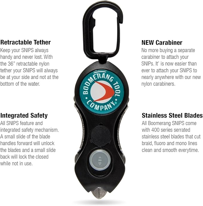 Boomerang Tool Company SNIP Fishing Line Cutters with Retractable Tether and Stainless Steel Blades that Cut Braid, Mono and Fluoro Lines Clean and Smooth!