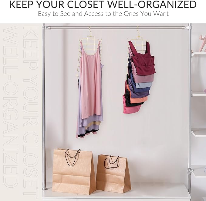 ZEDODIER 4 Pack Tank Top Hanger Space Saving, Bra Hangers for Closet Organizer, Hanging Bra Organizer Tank Tops Holder with 32 Hooks, Metal Closet Organizers and Storage Small Space Solutions, Gold