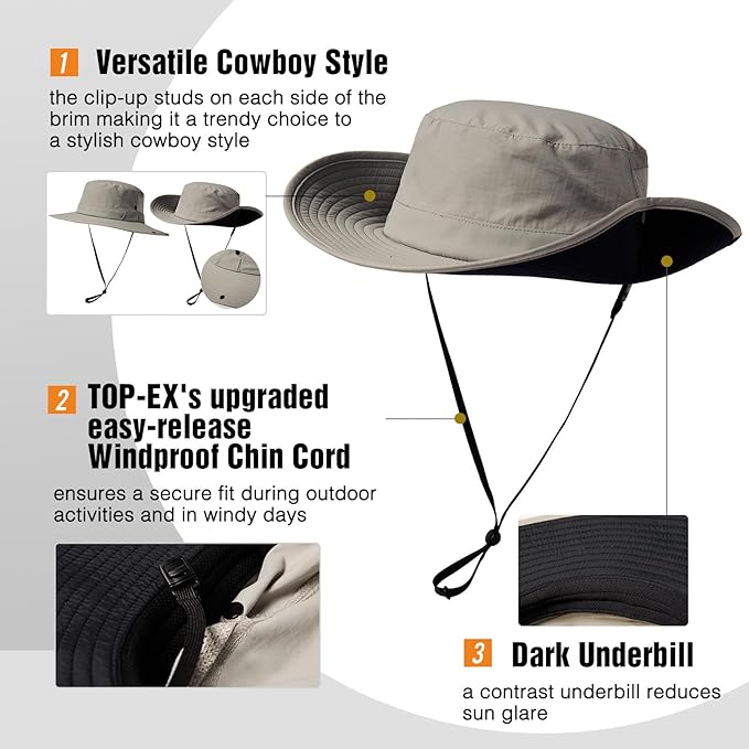 TOP-EX Men's Wide Brim Sun Hat UPF 50+ Waterproof, Packable Breathable Mesh Boonie Bucket Cap for Hiking Fishing Safari