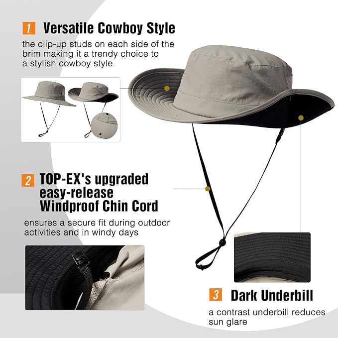 TOP-EX Men's Wide Brim Sun Hat UPF 50+ Waterproof, Packable Breathable Mesh Boonie Bucket Cap for Hiking Fishing Safari