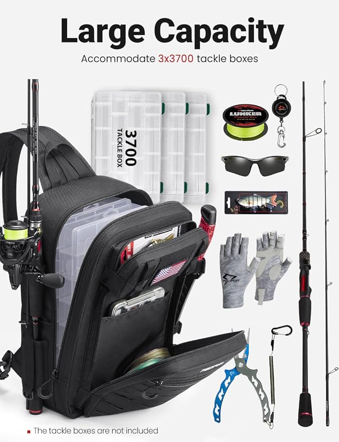 Piscifun Fishing Backpack Tackle Bag with 2 Rod Holders, Multi-Compartment Storage, MOLLE System, Water-Resistant Lightweight Outdoor Pack