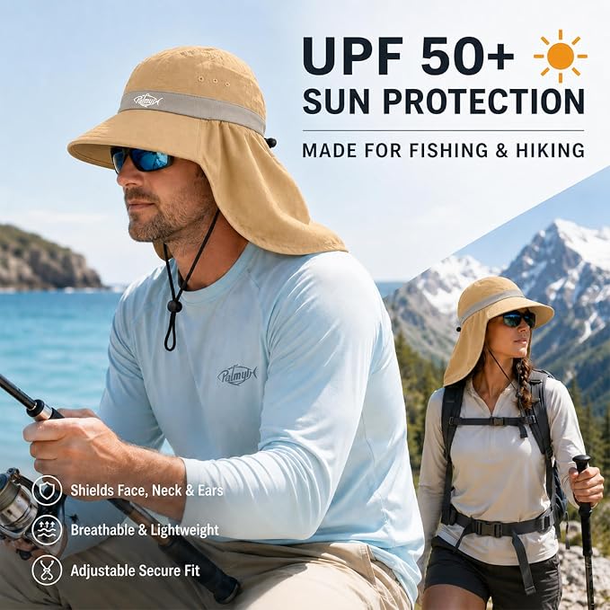 Palmyth Fishing Hat UPF 50+ Sun Hat Wide Brim Neck Flap Breathable Mesh Safari Hat UV Protection for Men Women