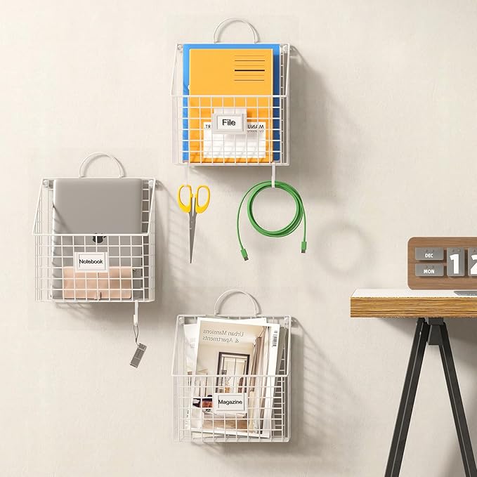 Wall File Organizer Metal Hanging File Organizer,Wall Mount File Holder, Magazine Rack and Mail Holder with Hooks for Home Office, 4 Packs, White(Patent Pending)
