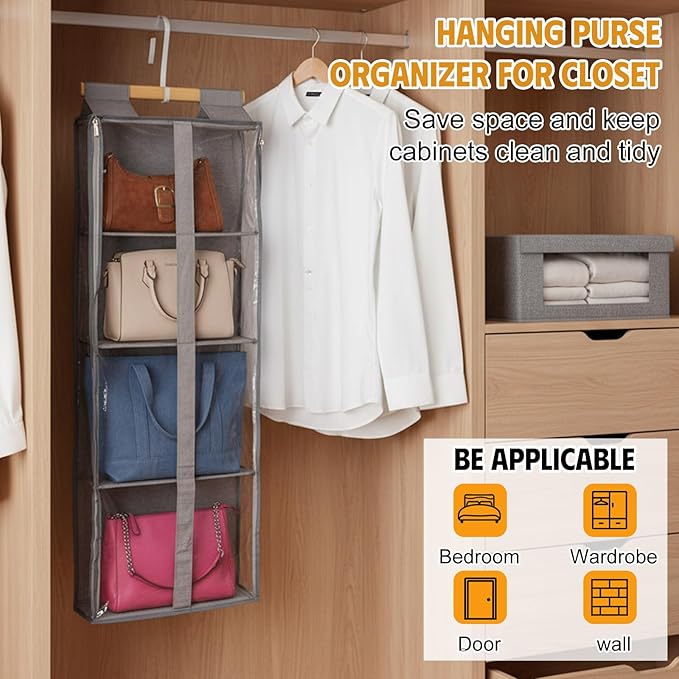 Silkfly 2 Pack Hanging Purse Organizer for Closet Clear Handbag Storage Hanger with Zipper Holder over The Door Wardrobe Tote Bag Storage Holder for Bedrooms Living Room (Brown)