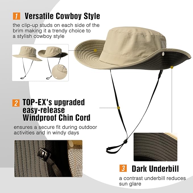 TOP-EX Men's Wide Brim Sun Hat UPF 50+ Waterproof, Packable Breathable Mesh Boonie Bucket Cap for Hiking Fishing Safari