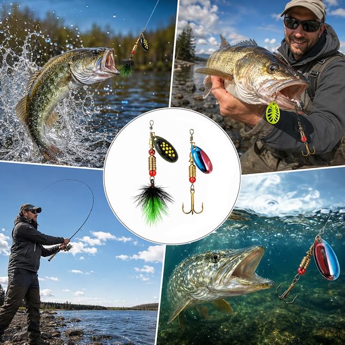 Fishing Spinner Lures Kit 10/15/16/20PCS, Inline Spinner Baits with Treble Hooks and Feather Tails, Metal Fishing Lures for Trout Bass Salmon Panfish, Multi-Color Freshwater Fishing Tackle Set