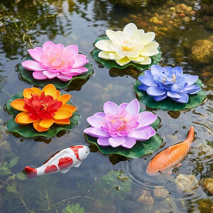 Willinglong 2 Pcs Ceramic Floating Koi Fish 5 Pcs Artificial Foam Lotus Flower with Water Lily Floating Fake Fish Goldfish Koi Decor for Pond Fountain Birdbath Fake Aquarium Decor