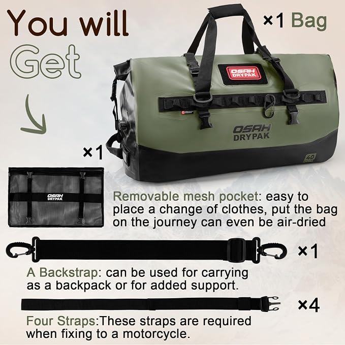OSAH DRYPAK Waterproof Duffel Bag 25L/40L/60L β Heavy-Duty Motorcycle Tail Bag, Roll-Top Dry Bag for Travel, Camping, Boating, Kayaking, Outdoor Adventure