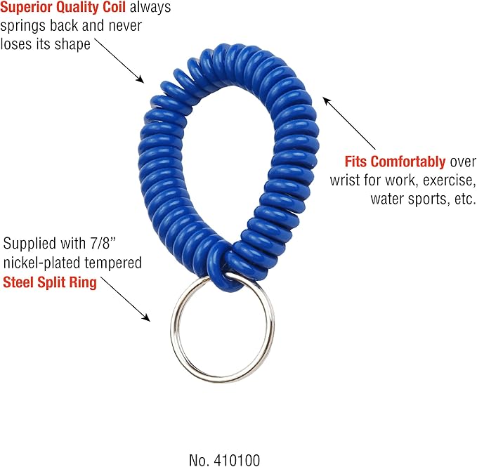 Lucky Line 2” Spiral Wrist Coil with Steel Key Ring, Flexible Wrist Band Key Chain Bracelet, Stretches to 12”, 10 PK, Assorted Colors (410100)