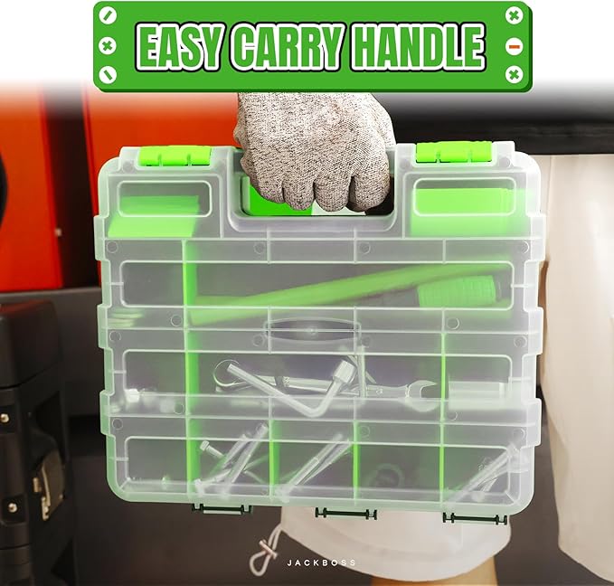 Jack Boss Tool Box with Transparent Lid, Double Side 34-Compartments Organizer Box with Removable Dividers for Hardware, Screws, Bolts, Nails, Beads, Jewelry and Fishing Accessories, Green, 4 Pack