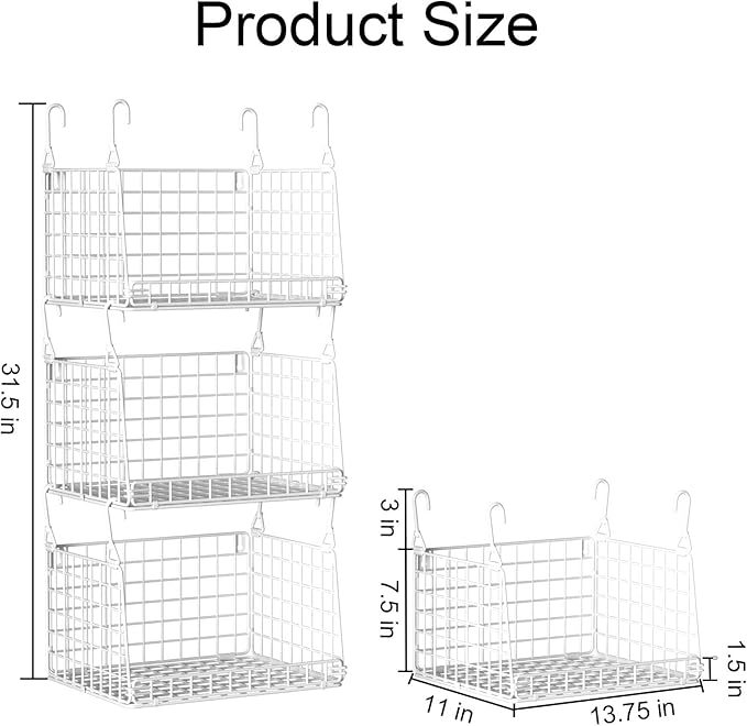 3-Pack Laundry Room Organization and Storage, Hanging Wire Basket for Laundry with 360°Rotating Hooks, Over Washer and Dryer Shelves, Laundry Organizers and Storage Basket, White