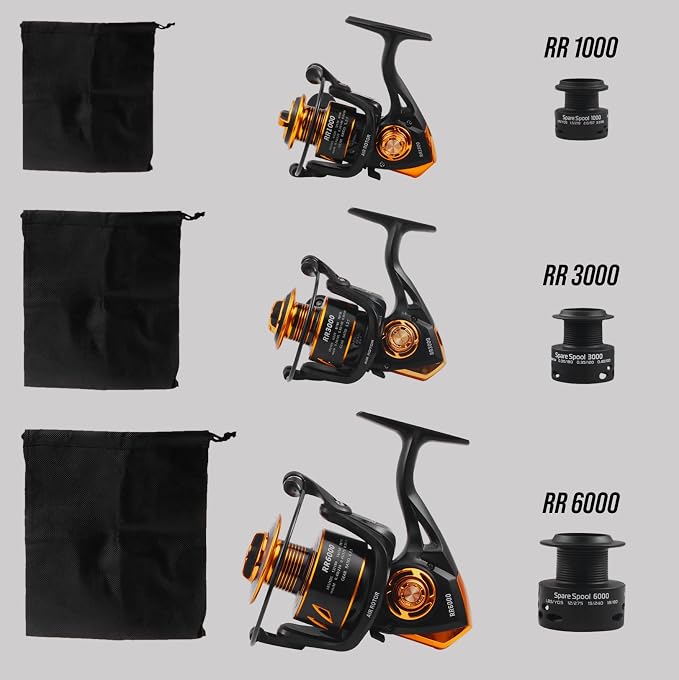 Rigged and Ready RR spin fixed-spool fishing reels 4 size options 1000, 3000, 5000, 6000. Freshwater saltwater smooth strong durable. Spare spool + bag. Spinning, Carp, Bass, Coarse, Sea & LRF angling