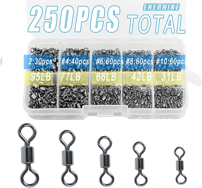 250pcs Fishing Swivel Rolling Barrel Swivel Stainless Steel Swivels Corrosion Resistance Black Nickle Connector for Freshwater Saltwater Fishing Tackle #2#4#6#8#10
