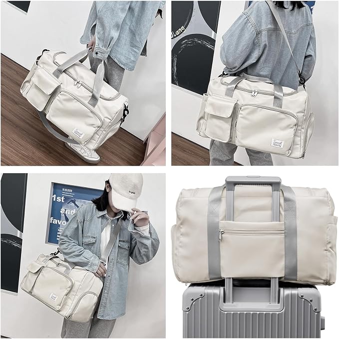 Suruid Travel Duffel Bag with Shoes Compartment Sports Gym Bag with Dry Wet Separated Pocket for Men and Women, Overnight Bag Weekender Bag Training Handbag Yoga Bag - White Gray