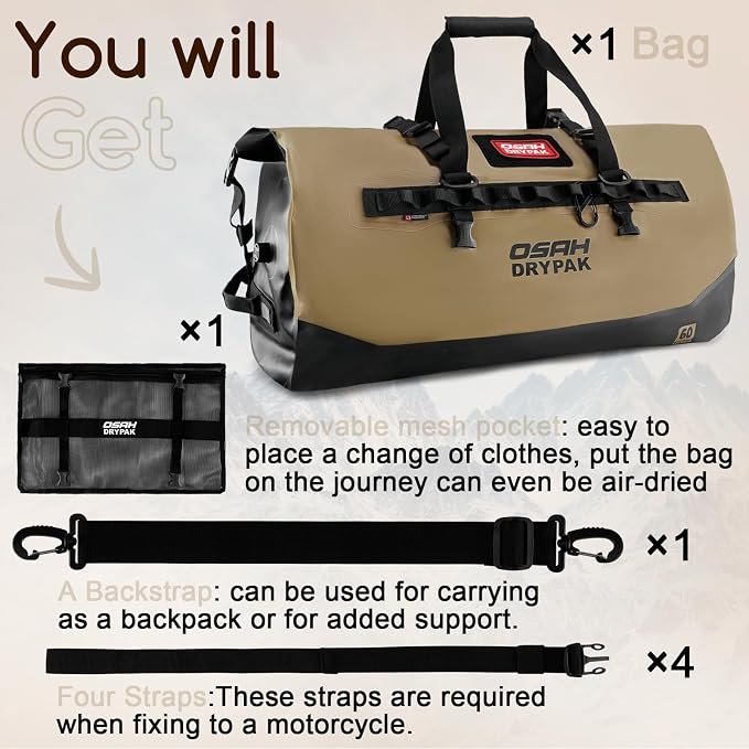 OSAH DRYPAK Waterproof Duffel Bag 25L/40L/60L β Heavy-Duty Motorcycle Tail Bag, Roll-Top Dry Bag for Travel, Camping, Boating, Kayaking, Outdoor Adventure
