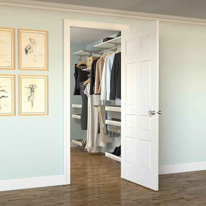 Closet Culture Steel Closet Organization System, Mounted Storage Kit with Shelves and Hanging Rods, 8 ft., 0300-KITA-8WT. White Finish