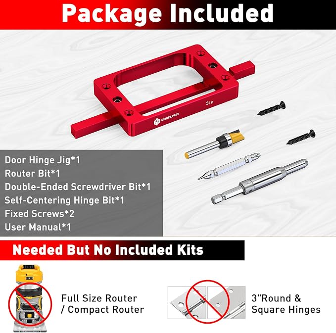 3" Fixed Size Door Hinge Jig for Door and Jamb, Aluminum Alloy Door Hinge Template Kit for Router, Mortise Jig Fits 3 inches Length 1/4" R, 5/8" R and Square Corner Hinges (3 in)