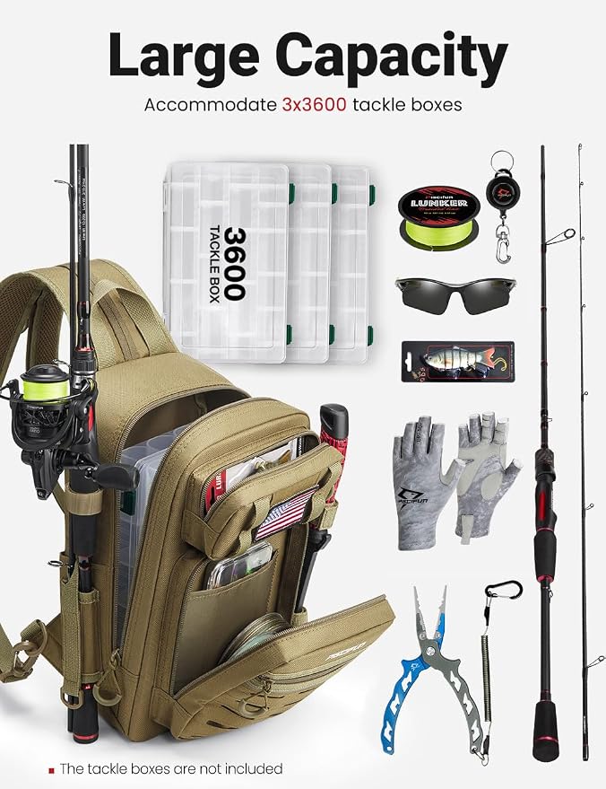 Piscifun Fishing Backpack Tackle Bag with 2 Rod Holders, Multi-Compartment Storage, MOLLE System, Water-Resistant Lightweight Outdoor Pack