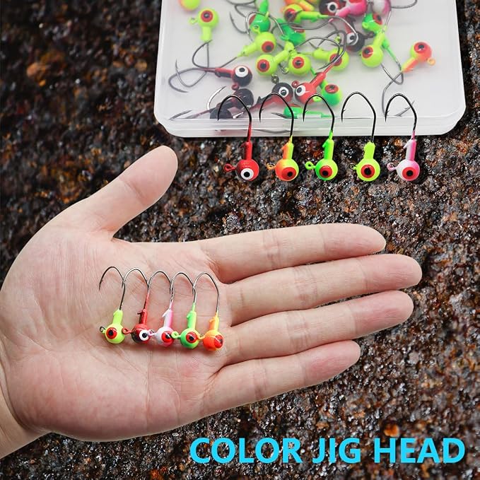 50pcs Fishing Jig Head Hooks kit, Round Ball Fishing Jigs with 3D Eyes Carbon Steel Hooks for Soft Lures Bass Freshwater Saltwater 1/8oz 1/6oz 1/4oz 1/16oz 1/35oz
