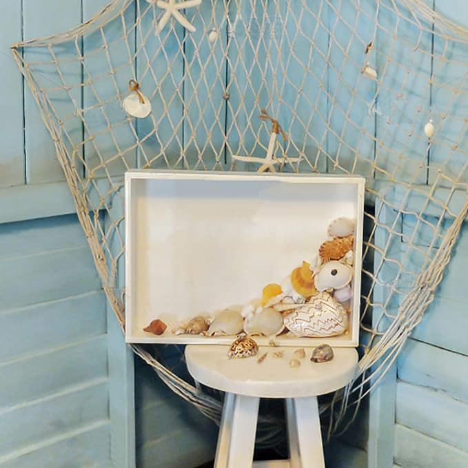 2 PCS Fish Net Decorations with Shells 80 x 40 Inch Ocean Themed Party Decor Beach Nautical Wall Hanging Fishing Net for Coastal Bedroom Bathroom or Under The Sea Party Decorations (Beige-with shells)