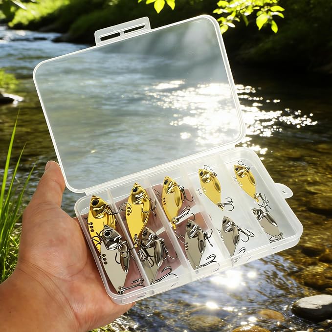 Metal VIB Spinner Blade Baits: 10pcs Blade – Bass & Trout Fishing Lures with Treble Hooks, High-Flash Vibration Hard Baits for Perch Walleye Pike Freshwater Saltwater