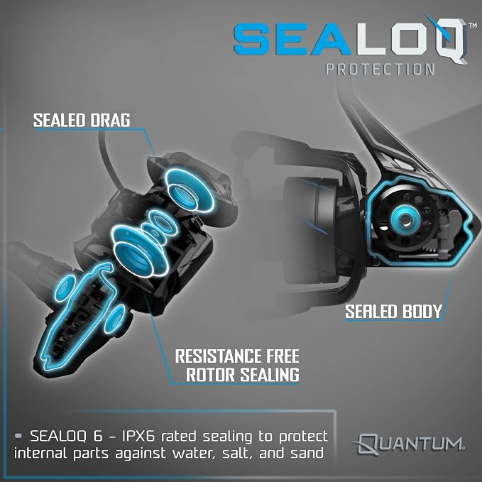 Quantum Strive Spinning Fishing Reel, Rigid Aluminum Frame, Graphite Rotor, Sealed Design, CFX200 Carbon Fiber Xtreme Drag, Silver/Blue