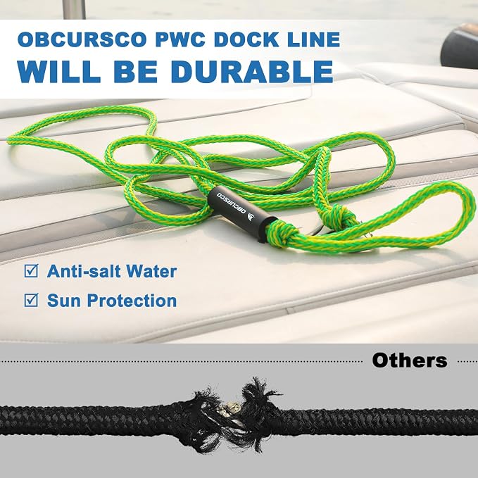 Obcursco Heavy Duty Boat Dock Lines (7ft & 14ft) - 1/2" Marine Mooring Rope with 316 Stainless Steel Clip - Accessories for PWC, Pontoon, Center Console, Jet Ski (Green/Yellow, 2 Pack)