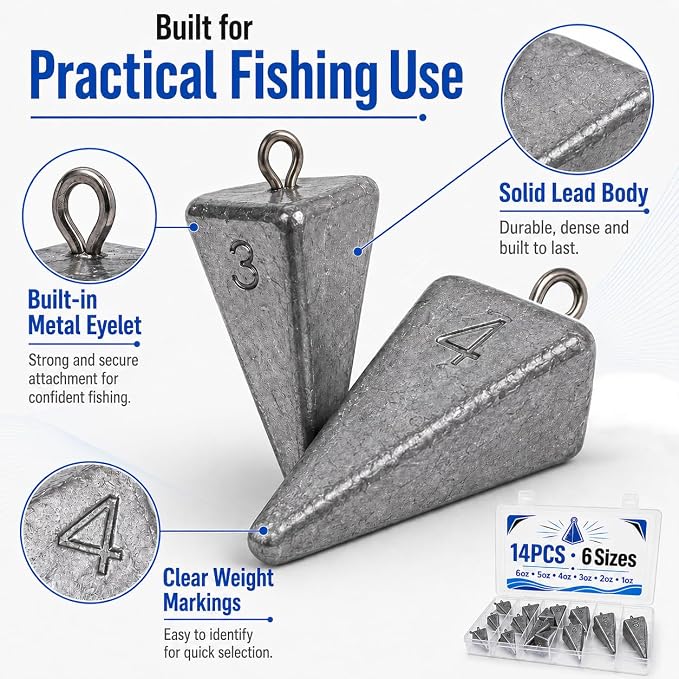 SANWEAL Pyramid Sinkers Fishing Weights, 6/14Pcs 4/6 Sizes 1oz-6oz Lead Fishing Sinkers for Surf Fishing, Anti-Roll Triangle Sinkers for Saltwater Freshwater Bottom Fishing, Catfish Pompano Rigs