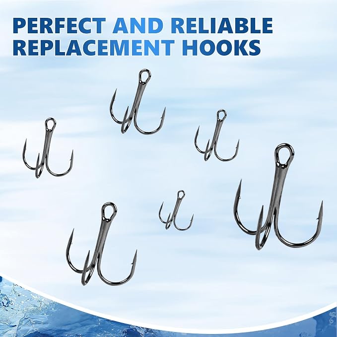 UCEC Fishing Hooks Treble Hooks Kit for Saltwater Freshwater, High Carbon Steel Strong Sharp Round Bend for Catfish Trout Hard Baits Lures, Size #1#2#4#6#8#10#12#14 110/50/210 Pack with Split Rings