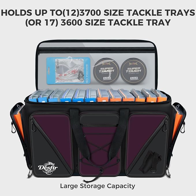 Handor Waterproof Fishing Tackle Bag, Large Saltwater Resistant Storage, 1000D PVC Material, Holds 3600 3700 Trays (Black and Purple, Large Bag)