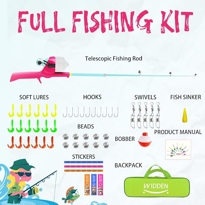 Kids Fishing Pole, Telescopic Fishing Rod, Toddler Collapsible Fishing Rod and Reel Combo with Tackle Box, Fishing Line, Bobber, and Soft Lures for Boy, Girl, Youth, Beginner, Over 4 Years Old