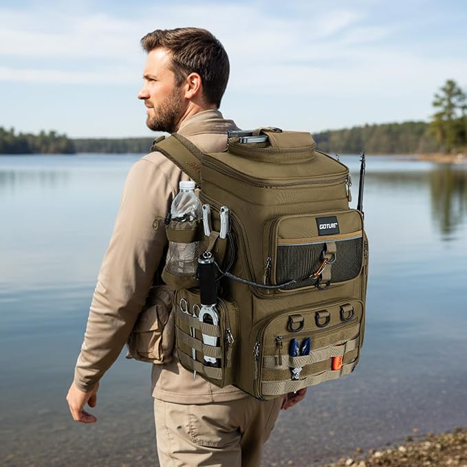 Goture Fishing Backpack with 4 Tackle Boxes, 900D Water-Resistant Tackle Backpack with Rod Holders,Insulated Cooler Compartment, 55L Large Capacity Fishing Gear Storage Bag for Saltwater & Freshwater