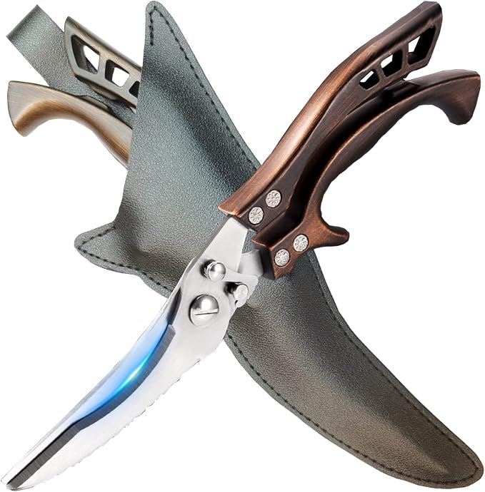 ANDONG Kitchen Scissors, Heavy Duty Professional Poultry Shears, Stainless Steel Spring Loaded, Dishwasher Safe, with Black Leather Sheath