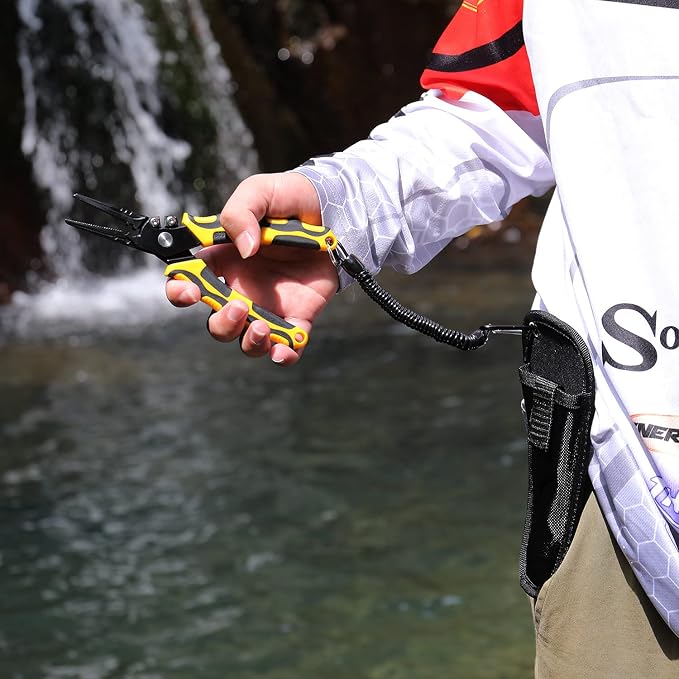 Sougayilang Fishing Pliers,Sheath and Lanyard Tungsten Carbide Cutters,420 Stainless Steel Fishing Tools,Saltwater Resistant Fishing Gear with Rubber Handle-7.5'' Straight Nose - Yellow