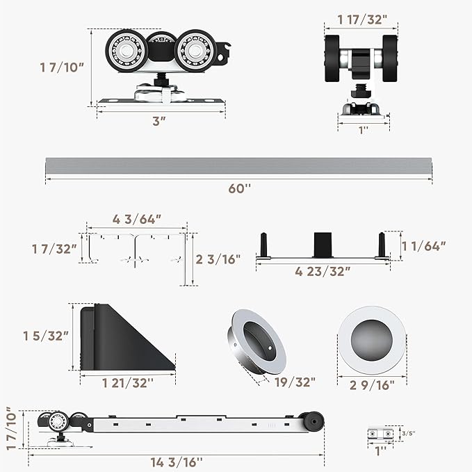 JUBEST 5FT/60 Heavy Duty Bypass Door Hardware with Soft Close Mechanism, Sliding Closet Door Hardware Set for 2 Door System, Smoothly and Quietly, Fit Door Thickness 1 3/8" or 1 3/4", Easy to Install