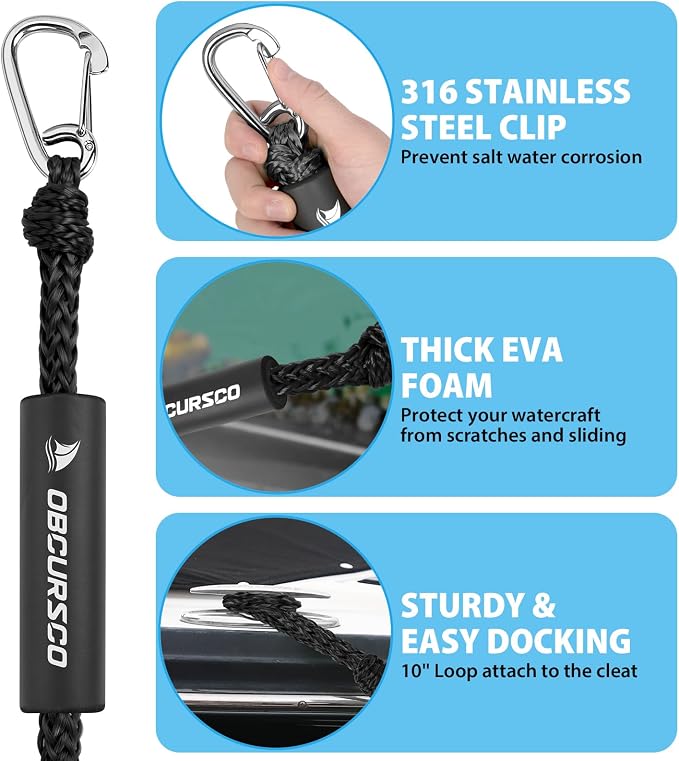 Obcursco Bungee Dock Lines for Boat, Docking Rope with 316 Stainless Steel Clips, Accessories for Jet Ski, PWC, SeaDoo, Pontoon, Center Console, Sets of Two(4ft & 6ft) (Black)