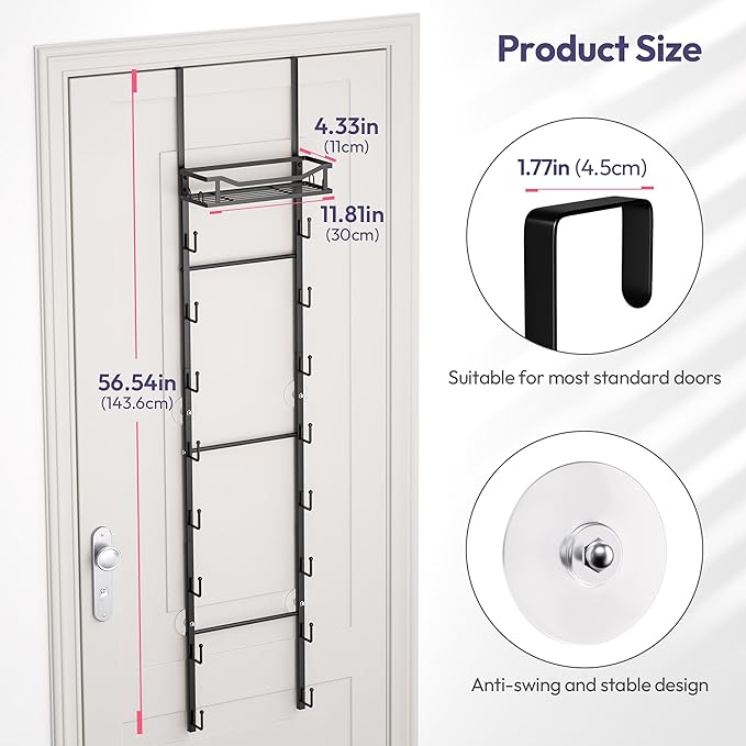 SWTYMIKI Over The Door Purse Organizer - Wall Mounted Purse Rack with 16 Hooks and Metal Basket, Handbag Hanger Organizer Holds up to 16 Bags, Bag Rack Can Use As 1/2 Part, for Door, Closet