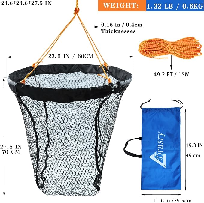 Drasry Foldable Bridge and Pier Fishing Landing Net - High Load-Bearing Aluminum Ring Drop Net for Saltwater Freshwater - Collapsible Basket With 49.2 FT Rope