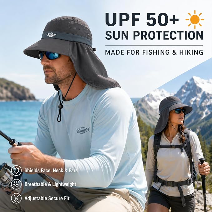 Palmyth Fishing Hat UPF 50+ Sun Hat Wide Brim Neck Flap Breathable Mesh Safari Hat UV Protection for Men Women