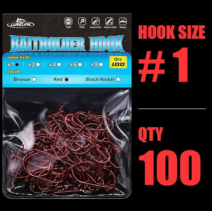 Baitholder Fishing Hooks 100 Pack - Double-Barbed Long Shank for Bluegill Bass Trout Walleye Black/Red, 8/0-#8