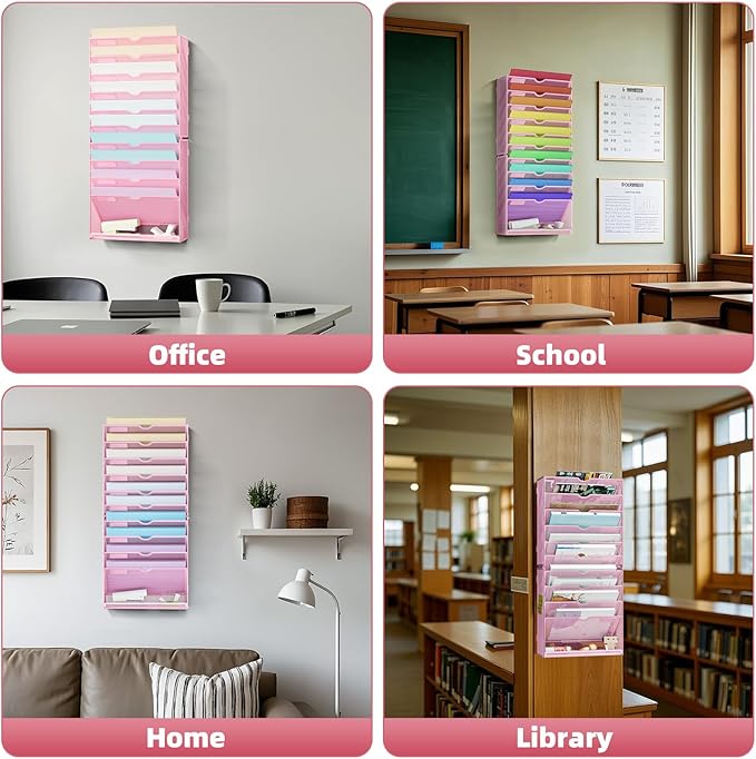 Marbrasse Wall File Holder 11-Tier Hanging Wall File Organizer, for Papers, Files Clipboard & Magazine Organizer, Wall Mount File Holder Great for Office Home (Pink)
